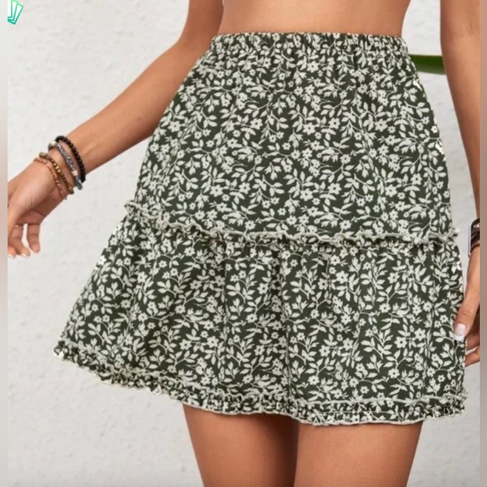 Olive Boho Floral Print Ruffle Hem Skirt